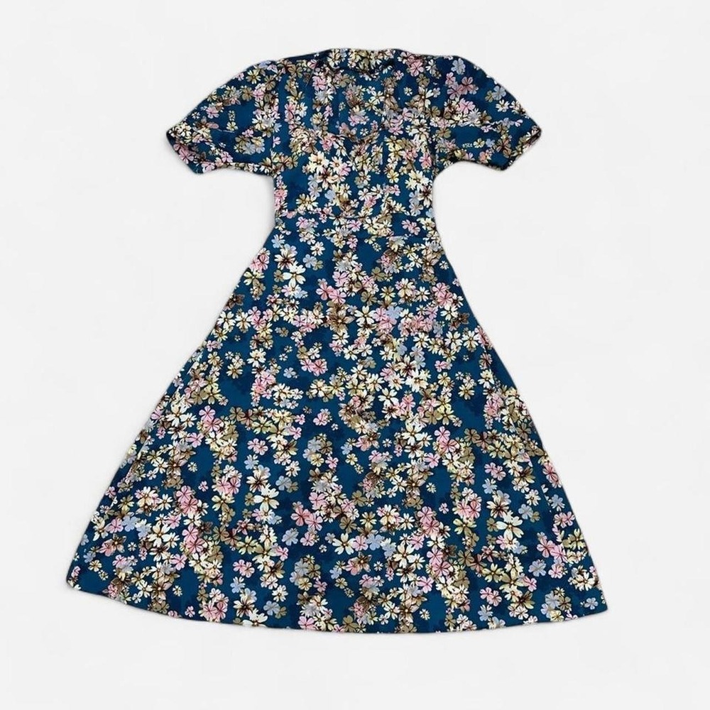 Women's Blue Floral A-Line Long Dress Square Neck Puff Sleeve Smocked Ruffle S